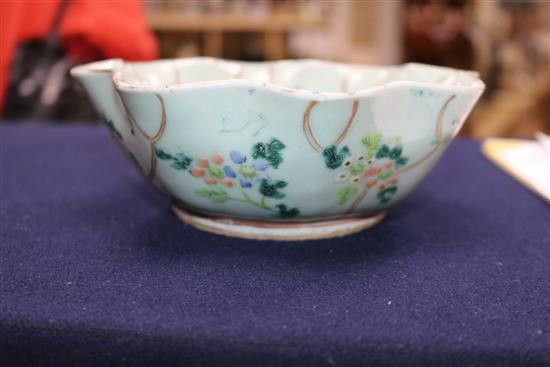 A Chinese celadon glazed dish, a Jun type tripod dish and a famille rose bowl and cover